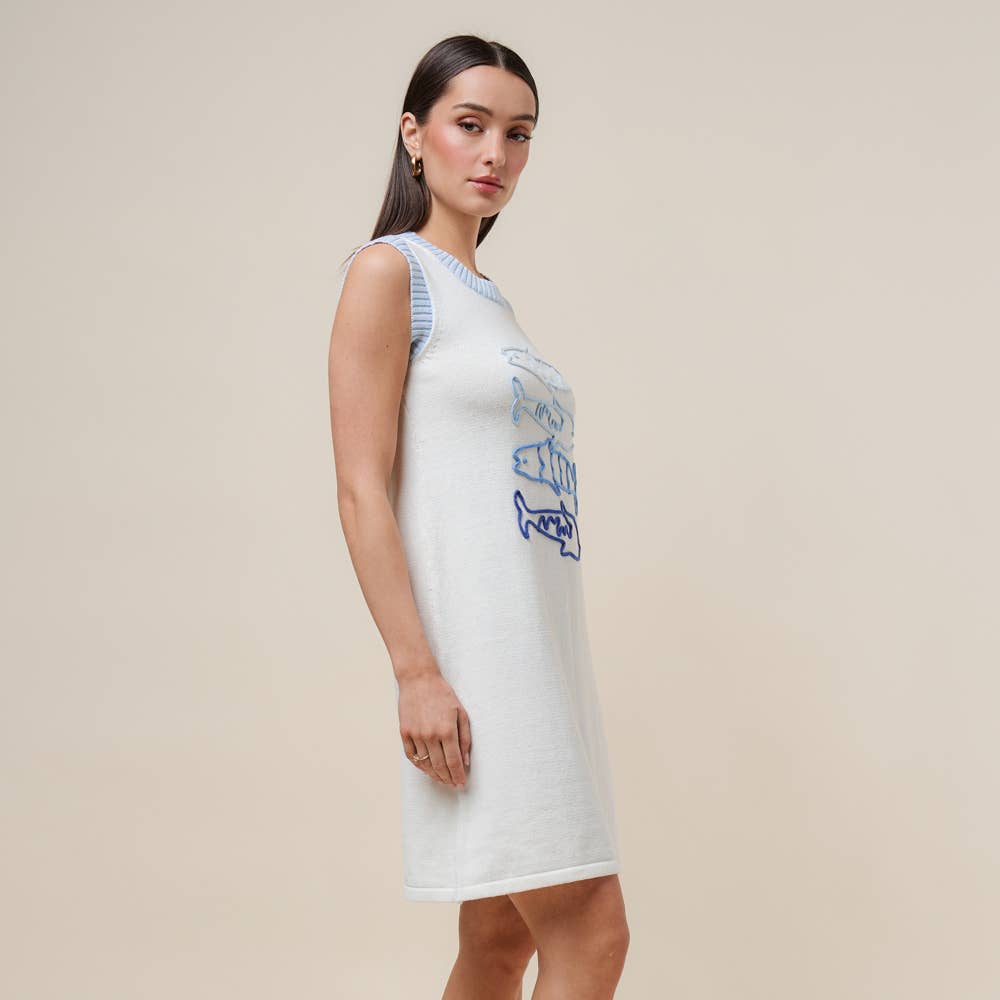 sardine dress Embroidered CREAM / L Let's All Play Dress cl0:new_arrival Size:UK 7 / US 8 / EUR 41 Cap sleeves