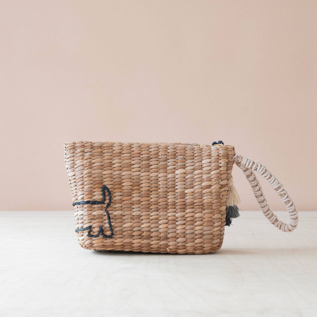 Mini Woven Pouch with Wristlet and Embroidered Dachshund
