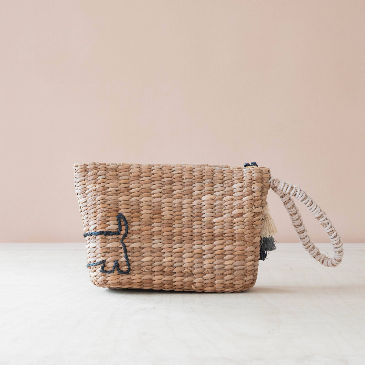 Mini Woven Pouch with Wristlet and Embroidered Dachshund