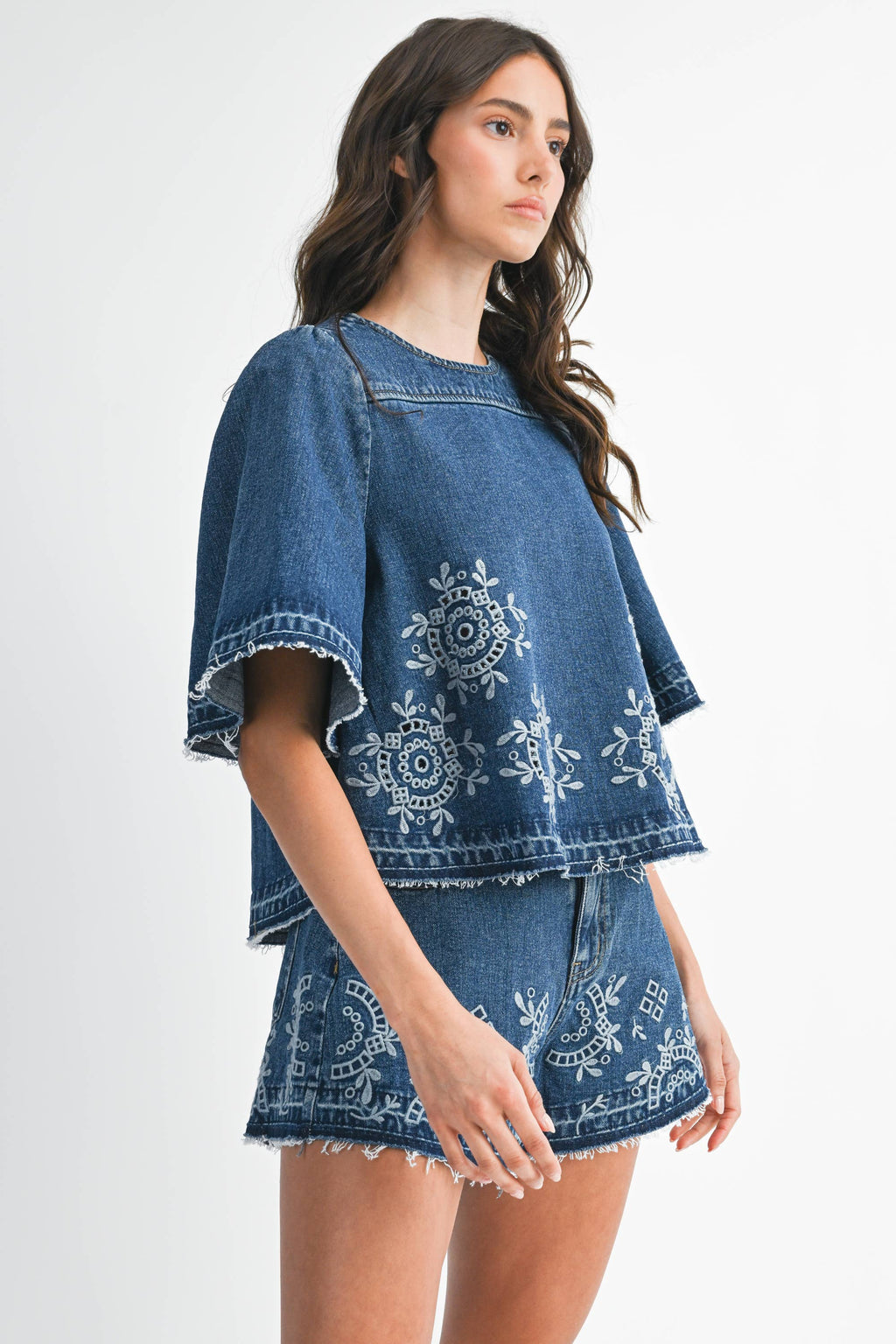 Embroidered Floral Denim Top and Short Set