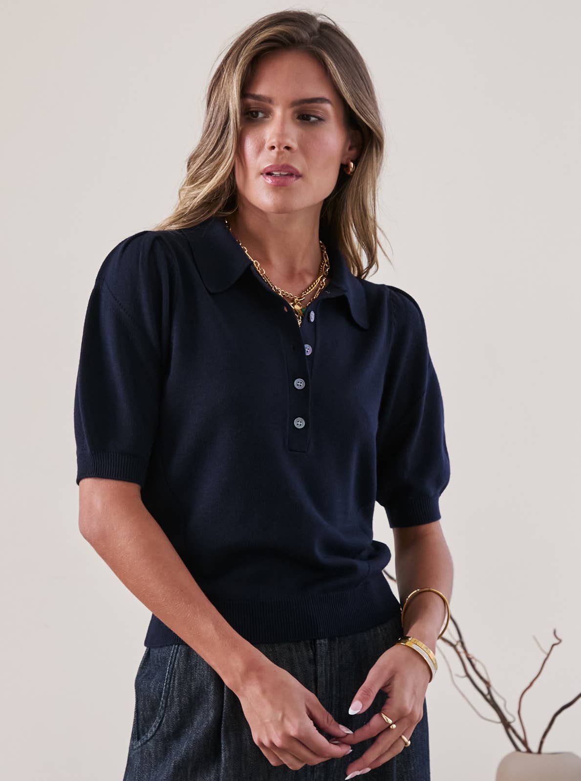 Ribbed Short Sleeve Polo Knit Top - Stylish In The Saddle