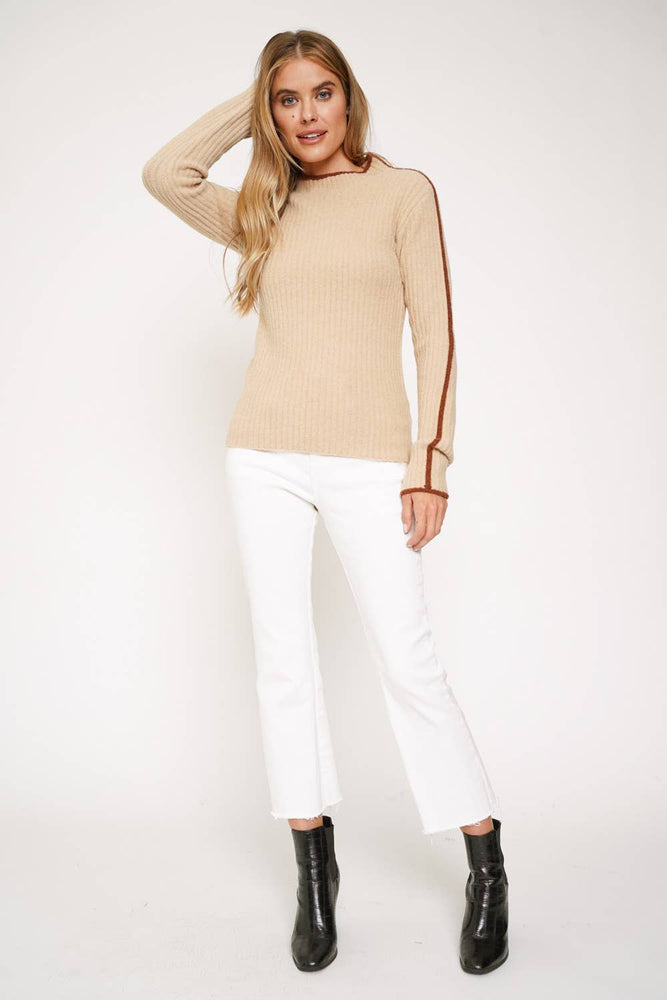 Beige Ribbed Sweater with Chocolate Piping