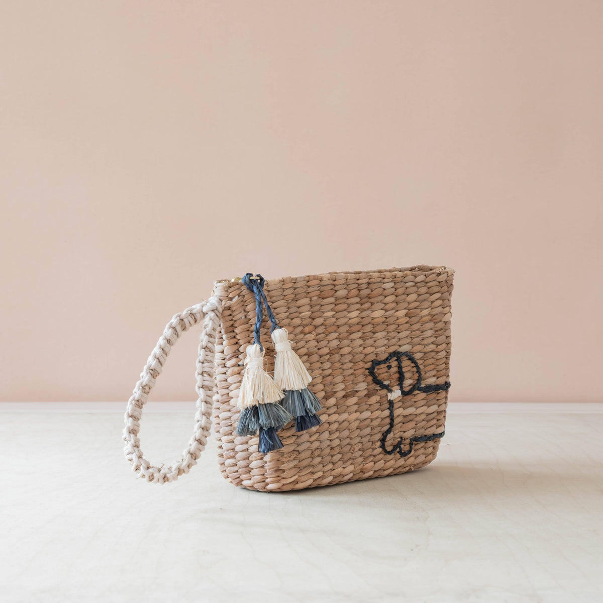 Mini Woven Pouch with Wristlet and Embroidered Dachshund