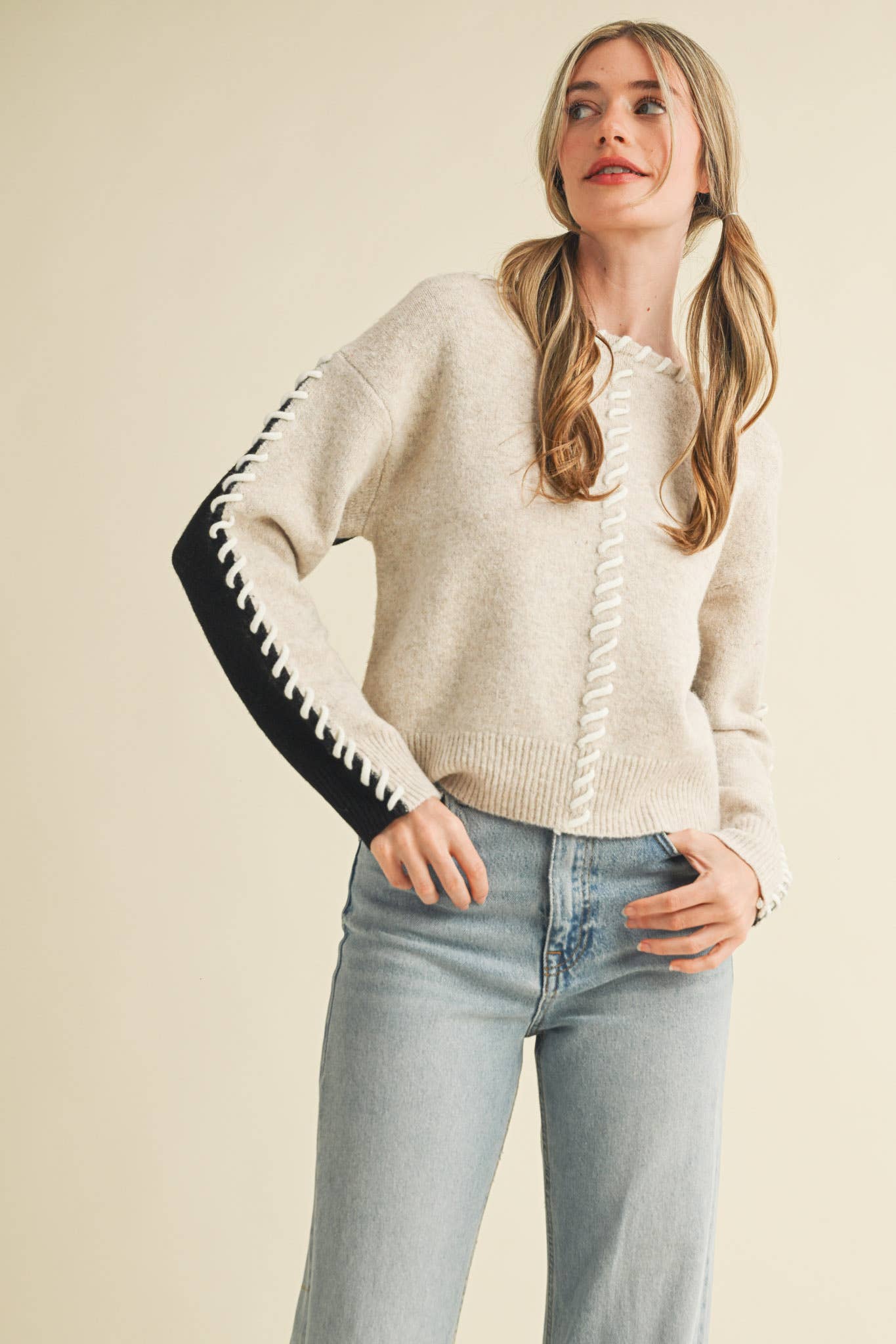 WHIP STITCH TWO-TONE SWEATER MSW11155 - Stylish In The Saddle