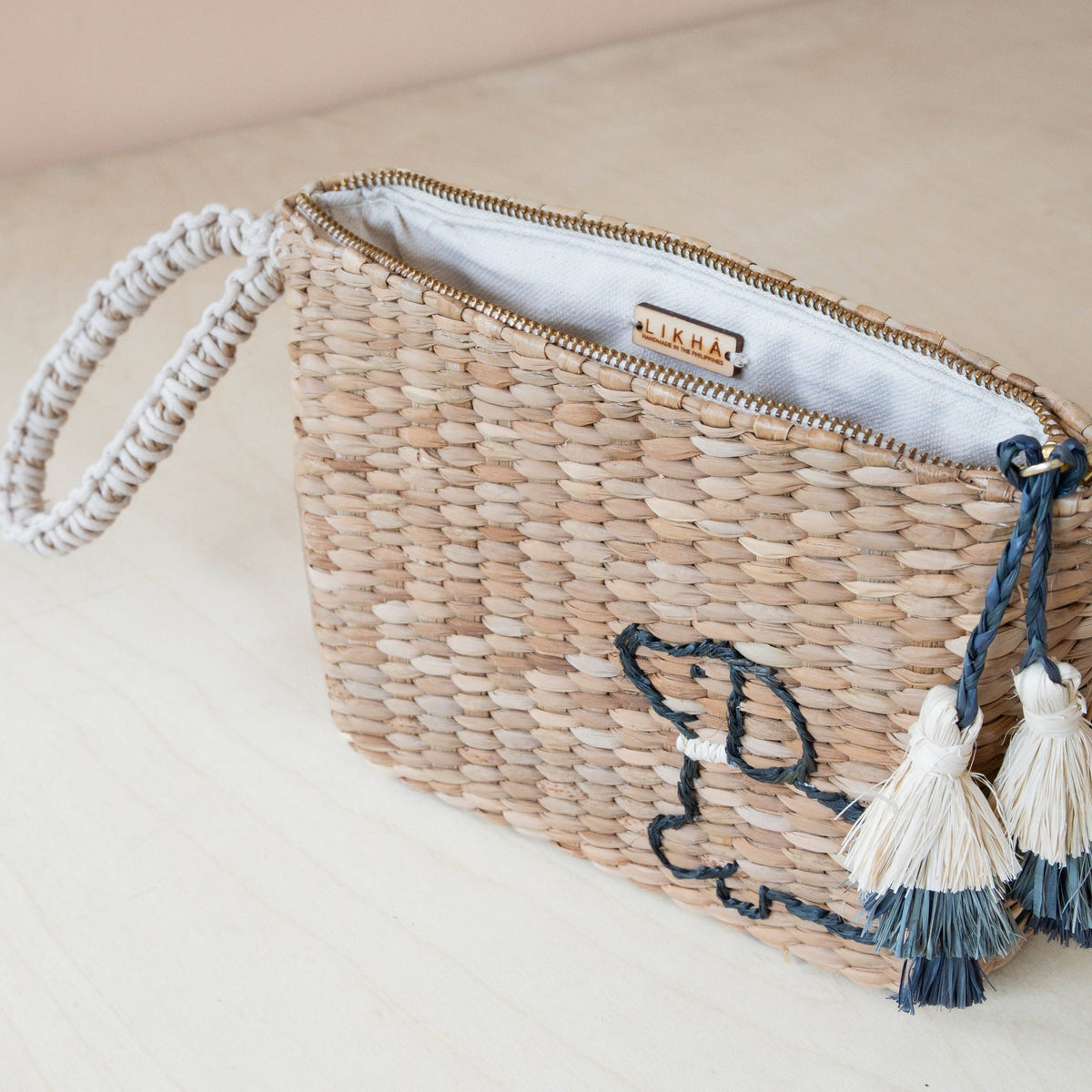 Mini Woven Pouch with Wristlet and Embroidered Dachshund