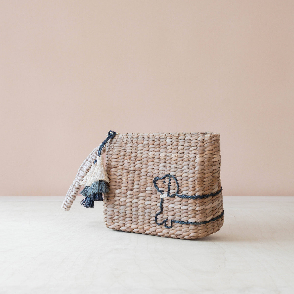 Mini Woven Pouch with Wristlet and Embroidered Dachshund