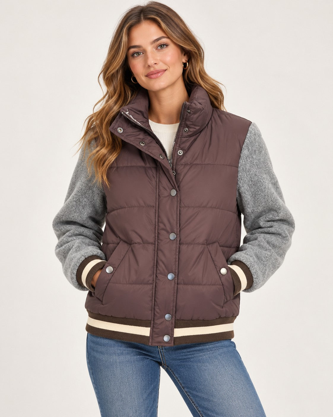 Mauve Quilted Varsity Jacket modeled front view